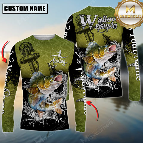 Maxcorners Walleye Fishing Anchor Design 3D Printed Personalized Name, Team Name Long Sleeve Fishing Jersey
