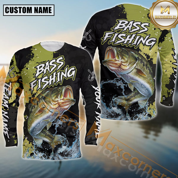 Maxcorners Bass Fishing Shirt Camo Splash Design Personalized Name, Team Name 3D Long Sleeve Shirt