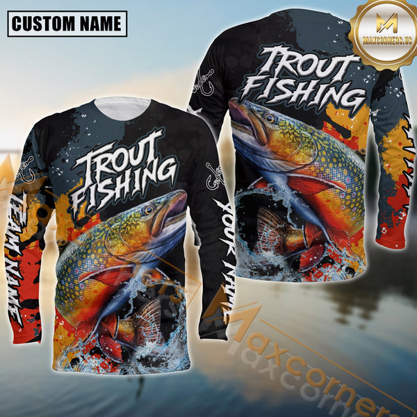 Maxcorners Trout Fishing Shirt Camo Splash Design Personalized Name, Team Name 3D Long Sleeve Shirt
