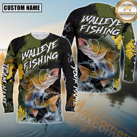 Maxcorners Walleye Fishing Shirt Camo Splash Design Personalized Name, Team Name 3D Long Sleeve Shirt