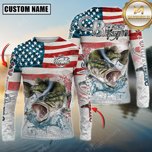 Maxcorners Bass Fishing American Flag Splash Design Personalized Name, Team Name 3D Long Sleeve Shirt