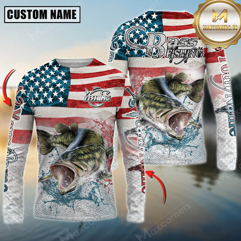 Maxcorners Bass Fishing American Flag Splash Design Personalized Name, Team Name 3D Long Sleeve Shirt