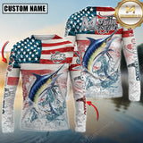Maxcorners Marlin Fishing American Flag Splash Design Personalized Name, Team Name 3D Long Sleeve Shirt