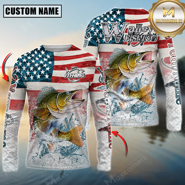 Maxcorners Walleye Fishing American Flag Splash Design Personalized Name, Team Name 3D Long Sleeve Shirt