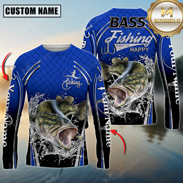 Maxcorners Silver Bass Fishing Makes Me Happy Splashing Water Personalized Name, Team Name 3D Long Sleeve Shirt