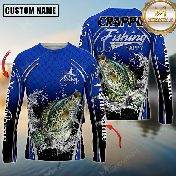 Maxcorners Silver Crappie Fishing Makes Me Happy Splashing Water Personalized Name, Team Name 3D Long Sleeve Shirt