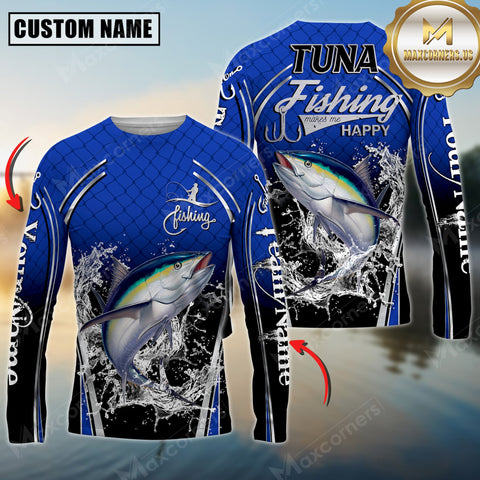 Maxcorners Silver Tuna Fishing Makes Me Happy Splashing Water Personalized Name, Team Name 3D Long Sleeve Shirt
