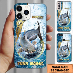Maxcorners Catfish Fishing Jumping Catfish Hook Design Ocean Water Splash Art Personalized Name Phone Case