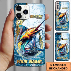 Maxcorners Marlin Fishing Jumping Marlin Hook Design Ocean Water Splash Art Personalized Name Phone Case