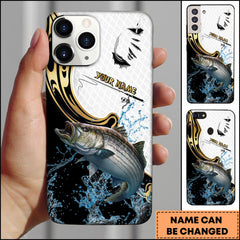 Maxcorners Striped Bass Fishing Tribal Curve Black White Splash Personalized Name Phone Case