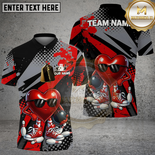Maxcorners Bowling Heart Character Cool Sunglasses Graphic Multicolor Options Personalized Name, Team Name 3D Shirt (4 Colors)