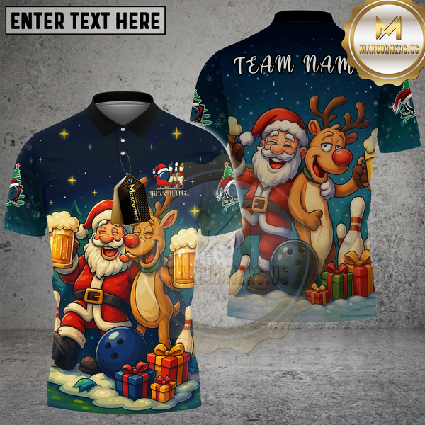 Maxcorners Christmas Bowling Beer Santa Reindeer Personalized Name, Team Name 3D Shirt