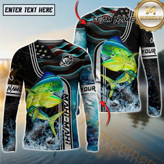 Maxcorners Saltwater Fishing Jumping Fish American Flag Wave Splash Personalized Name, Team Name 3D Long Sleeve Shirt