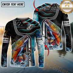 Maxcorners Freshwater Fishing Jumping Fish American Flag Wave Splash Personalized Name, Team Name 3D Long Sleeve Shirt