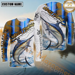 Maxcorners Golden Marlin Fishing Full Print Fishing Net Pattern Personalized Name, Team Name 3D Long Sleeve Shirt