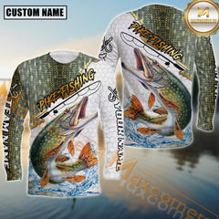 Maxcorners Golden Pike Fishing Full Print Fishing Net Pattern Personalized Name, Team Name 3D Long Sleeve Shirt