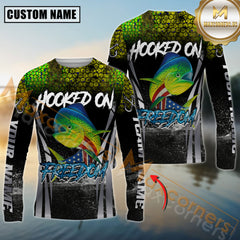Maxcorners Fishing Shirt Patriotic American Flag Mahi-Mahi Design Personalized Name, Team Name 3D Long Sleeve Shirt