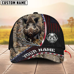 Maxcorners Deer Hunting Realistic Buck Head American Flag Leather Accent Personalized Name 3D Cap (6 Options)