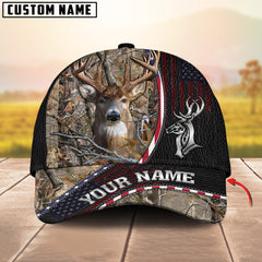 Maxcorners Deer Hunting Realistic Buck Head American Flag Leather Accent Personalized Name 3D Cap (6 Options)