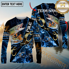 Maxcorners Freshwater Fishing Realistic Jumping Fish Blue Water Flame Golden Hooks Personalized Name, Team Name 3D Long Sleeve Shirt