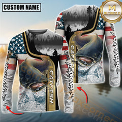 Maxcorners Freshwater Fishing Giant Fish Water Splash American Flag Landscape Personalized Name, Team Name 3D Long Sleeve Shirt