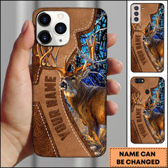 Maxcorners Deer Hunting Brown Leather Stitch Personalized Name Phone Case - Blue