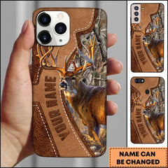 Maxcorners Deer Hunting Brown Leather Stitch Personalized Name Phone Case - Grass Brown