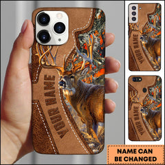 Maxcorners Deer Hunting Brown Leather Stitch Personalized Name Phone Case - Orange