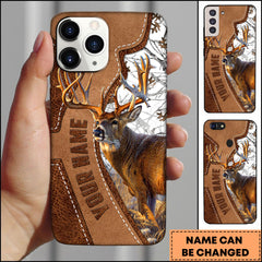 Maxcorners Deer Hunting Brown Leather Stitch Personalized Name Phone Case - White