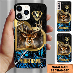 Maxcorners Deer Hunting Luxury Gold Frame Forest Camo Personalized Name Phone Case - Blue