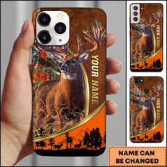 Maxcorners Deer Hunting Luxury Leather Gold Frame Personalized Name Phone Case - Orange
