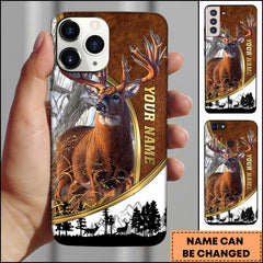 Maxcorners Deer Hunting Luxury Leather Gold Frame Personalized Name Phone Case - White