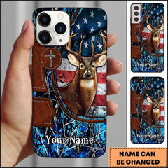 Maxcorners Deer Hunting American Flag Leather Cross Blue Camo Personalized Name Phone Case