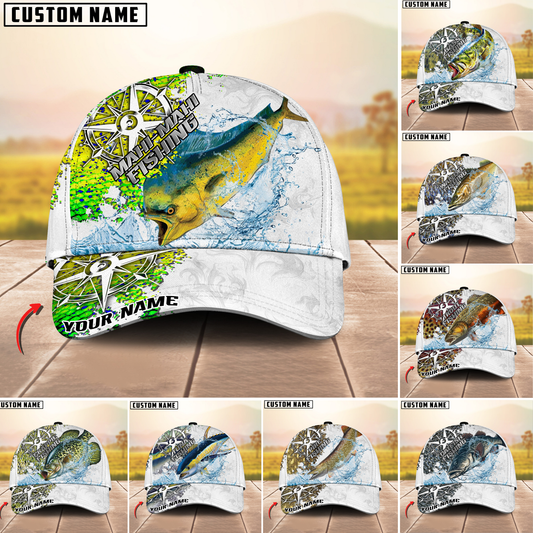 Maxcorners Fishing Compass Vintage Art Splash Design Personalized Name 3D Cap (13 Options)