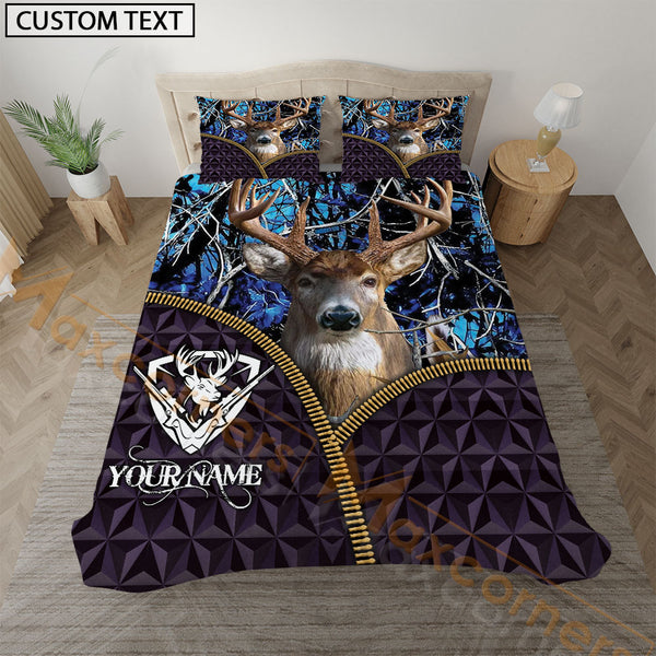 Maxcorners Deer Hunting Purple Geometric Blue Personalized Name Bedding Set 3D All Over Printed