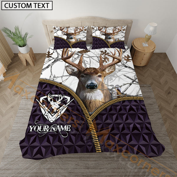Maxcorners Deer Hunting Purple Geometric White Personalized Name Bedding Set 3D All Over Printed