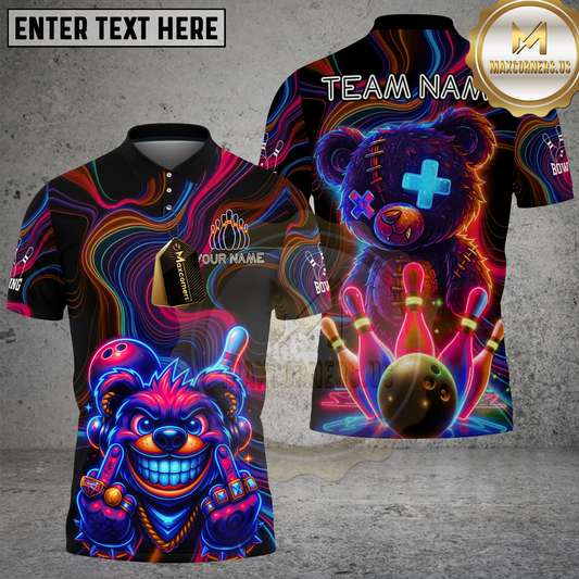 Maxcorners Crazy Neon Bear Bowling Strike Multicolor Options Personalized Name, Team Name 3D Shirt (4 Colors)