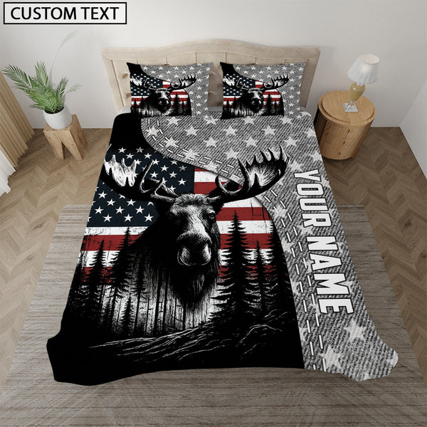 Maxcorners Moose American Flag Forest Mountain Personalized Name Bedding Set 3D All Over Printed