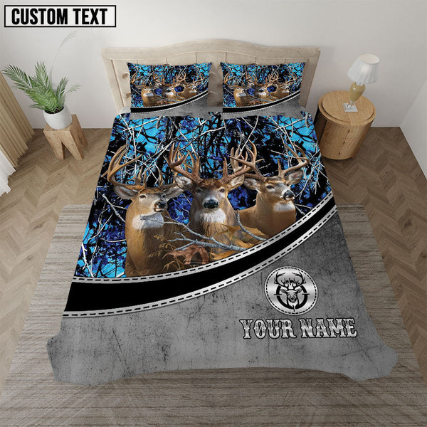 Maxcorners Deer Forest Hunting Scene Blue Personalized Name Bedding Set 3D All Over Printed