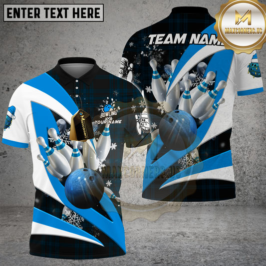 Maxcorners Bowling Strike Snowflake Blue Ball Multicolor Options Personalized Name, Team Name 3D Shirt (4 Colors)
