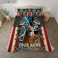 Maxcorners Deer American Flag Camo Blue Personalized Name Bedding Set 3D All Over Printed
