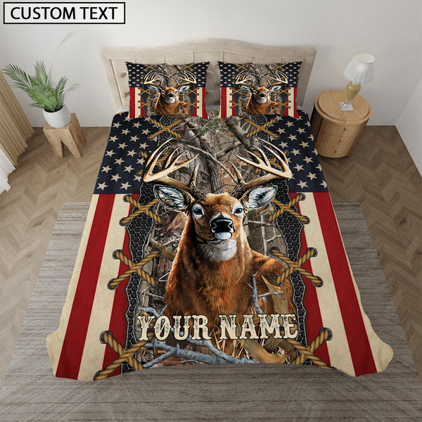 Maxcorners Deer American Flag Camo Grass Brown Personalized Name Bedding Set 3D All Over Printed