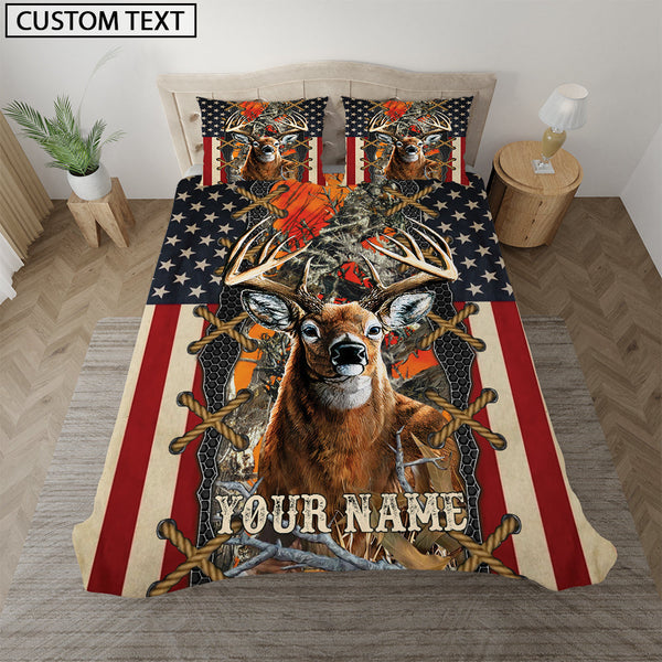 Maxcorners Deer American Flag Camo Orange Personalized Name Bedding Set 3D All Over Printed