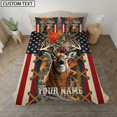 Maxcorners Deer American Flag Camo Orange Personalized Name Bedding Set 3D All Over Printed