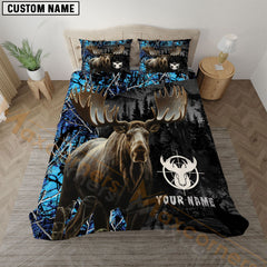 Maxcorners Moose Hunting Forest Blue Personalized Name Bedding Set 3D All Over Printed