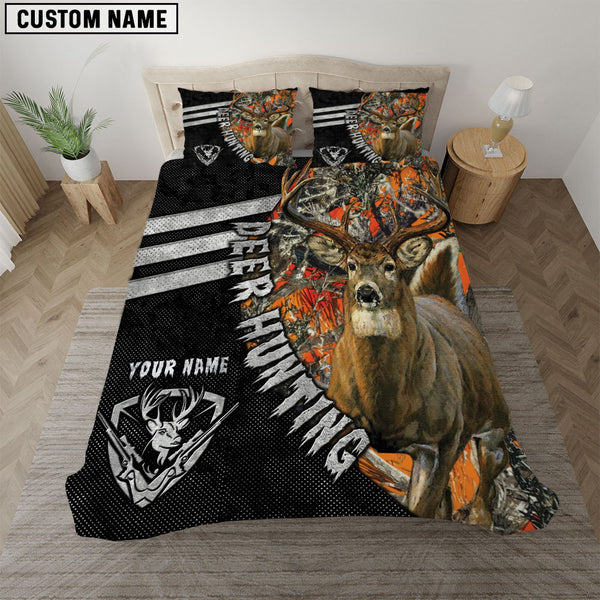 Maxcorners Whitetail Deer Hunting Orange Camo Black Personalized Name Bedding Set 3D All Over Printed