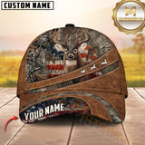 Maxcorners Deer Hunting American Flag Leather Multicolor Options Personalized Name 3D Cap