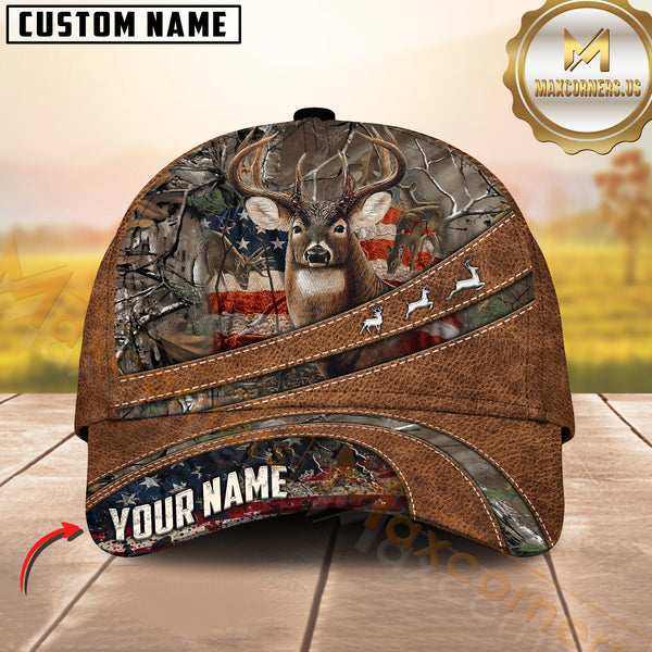 Maxcorners Deer Hunting American Flag Leather Multicolor Options Personalized Name 3D Cap