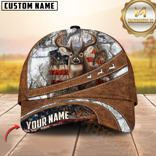 Maxcorners Deer Hunting American Flag Leather Multicolor Options Personalized Name 3D Cap