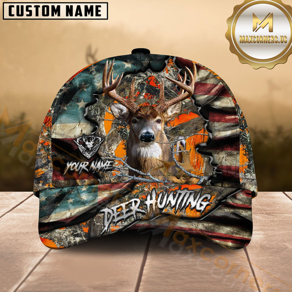 Maxcorners Patriotic Deer Hunting Camo Multicolor Options Personalized Name 3D Cap